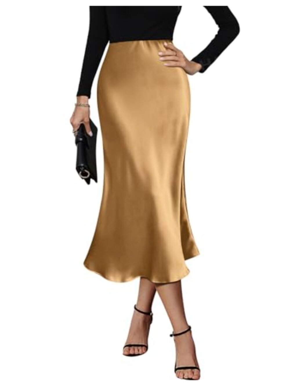 Womens Satin Midi Skirt High Waisted A-Line Flared Zipper Work Party